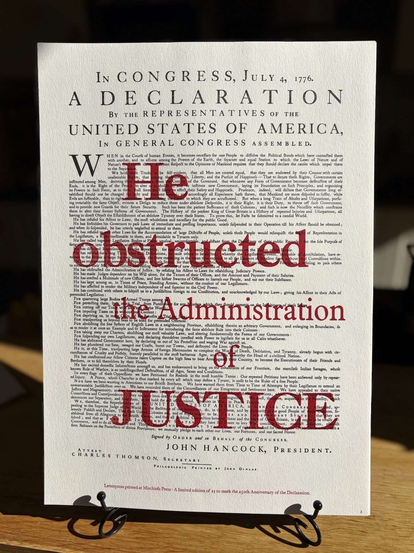 Declaration 250 — the ‘Justice’ overprint in red across the Declaration: ‘He obstructed the Administration of Justice’