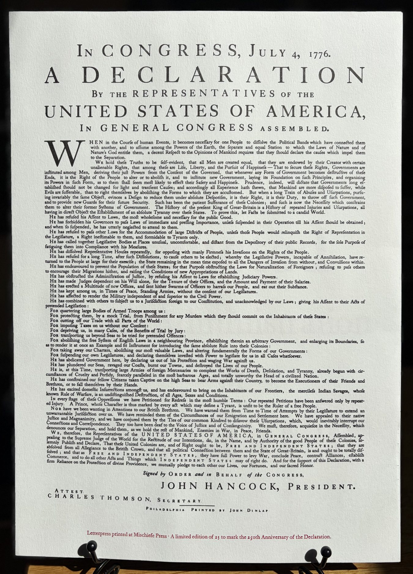 Declaration 250 — the plain letterpress edition of the Declaration of Independence